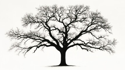 Obraz premium Bare oak tree silhouette, winter landscape, nature background, design element