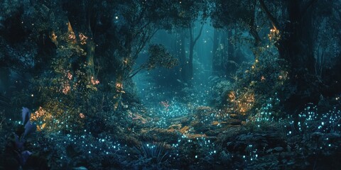 Obraz premium Enchanting Glowing Forest Night Scene With Luminescent Flora