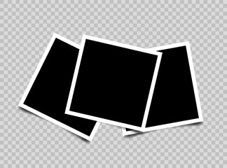 Three empty photo frames compositions. Realistic vector mockups. Retro photo frames with shadow isolated on transparent background.