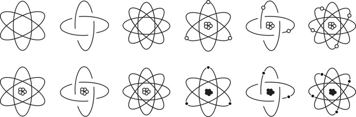 Atom structure icons set. Concept of science, quantum physics, atomic structure. Black outlined atoms with orbiting electron around nucleus, isolated on transparent background. Nuclear physics symbol.