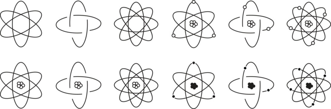 Atom structure icons set. Concept of science, quantum physics, atomic structure. Black outlined atoms with orbiting electron around nucleus, isolated on transparent background. Nuclear physics symbol.