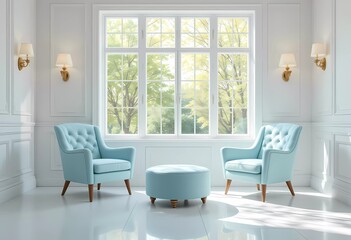 Blue armchairs & ottoman in bright room