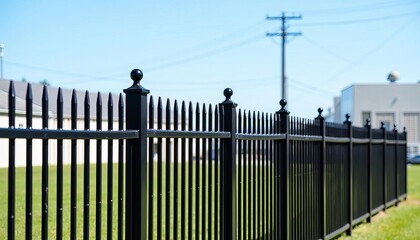 A Black Steel Fence with Spiked Tops Under a Clear Blue Sky in a Suburban Setting
