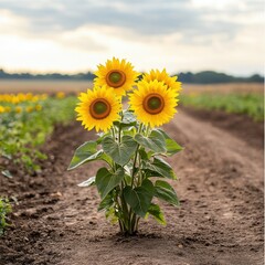Vibrant Sunflower Blooms in Rural Field Landscape