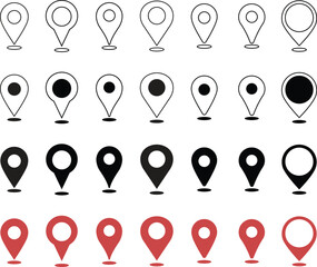 Location and map pin icon set. Map pointer pin sign red and black outline destination icon, isolated on transparent background. Solid location navigation. Address symbol vector illustration.