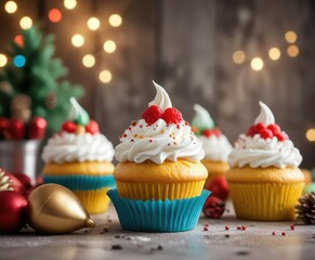 A stack of colorful layered cupcakes topped with fluffy whipped cream frosting and festive holiday decorations, colorful layered cupcakes, stacked desserts