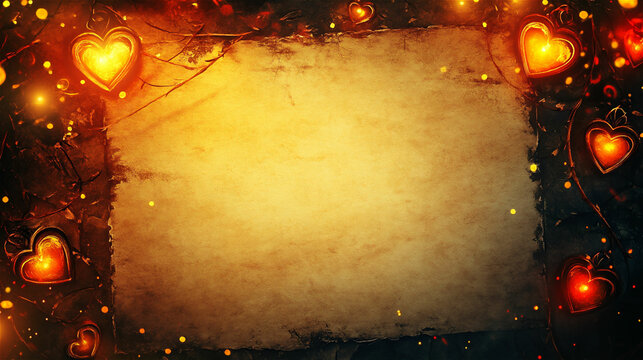 錆びた金属のようなテクスチャと光るハートランタンが描かれたロマンチックな背景デザイン。generative ai
