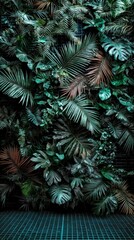 Lush Tropical Jungle Foliage Wall  Green Leaves  Palm Plants  Dark Background