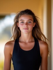 Fototapeta premium Close-up portrait of a young woman with athletic build, wearing a black tank top and minimal makeup, posing confidently outdoors
