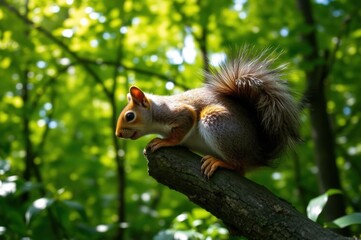 Fototapeta premium Agile Red Squirrel Perched on a Branch in Lush Sunlight
