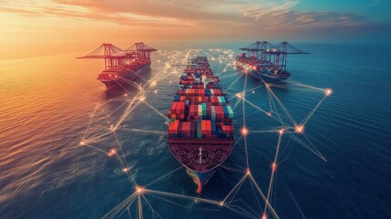 Fototapeta premium Container ship at sea with digital network links, digital trade network connection concept, global shipping industry 