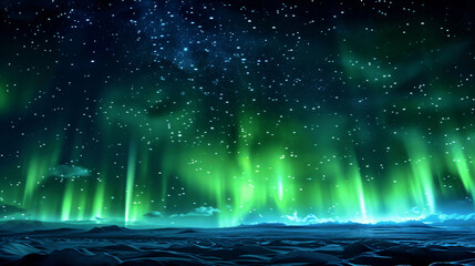 Aurora borealis above mountains in fog at night. Northern lights. Sky with stars with polar lights and high rocks. Beautiful landscape with aurora, city lights in low clouds, mountain ridge. Space