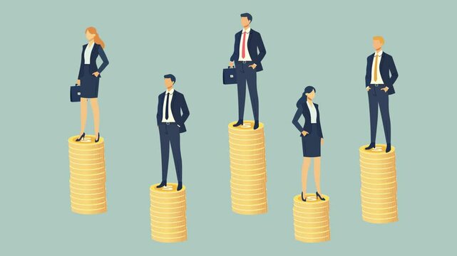 Business People Standing on Stacks of Money with Different Salary or budget. Income Disparity. Individuals stand on stacks of coins of varying heights, Different in Earnings Among professional people