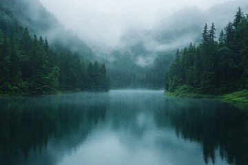 Misty Tranquility: A Serene Morning at the Lake Reflecting Peace and Calm Amidst Nature's Embrace