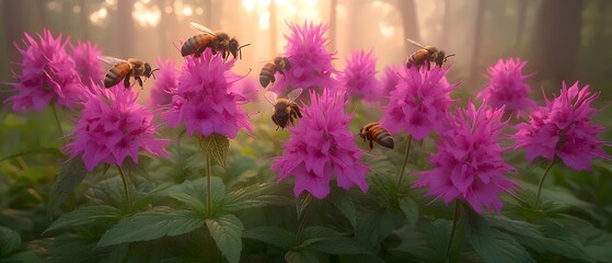 A vibrant display of pink flowers with bees buzzing around, illuminated by soft morning light, creating a serene and magical atmosphere in the forest.