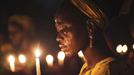 A Rwandan woman stands with her head bowed, holding a lit candle in her hand, tears streaming down her cheeks as she reminisces about the past, Ai generated images