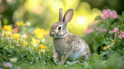 close up of rabbit sitting among colorful flowers in vibrant garden, showcasing its soft fur and curious expression. scene evokes sense of tranquility and natural beauty