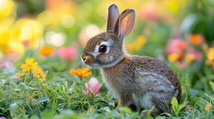 close up of rabbit nibbling on grass surrounded by colorful flowers, showcasing beauty of nature and charm of wildlife