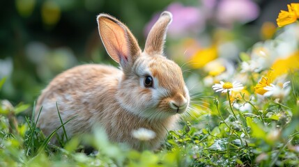 Fototapeta premium close up of rabbit nibbling on grass surrounded by colorful flowers, showcasing beauty of nature and charm of wildlife