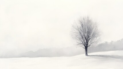Lonely tree winter fog landscape, serene snowy field background, nature art