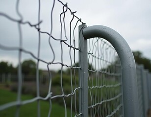 Woven Steel Barrier Under Gloomy Sky Separating Verdant Landscape