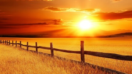 Golden sunset over a serene wheat field with a rustic wooden fence under a colorful sky