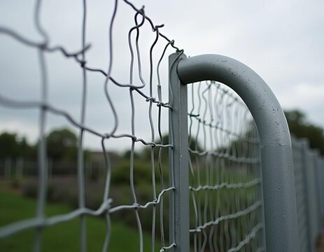 Woven Steel Barrier Under Gloomy Sky Separating Verdant Landscape