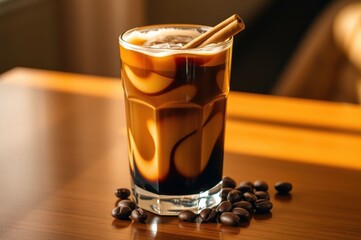 Invigorating Iced Coffee with Cinnamon Stick, Close-up Studio Shot