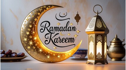 ramadan kareem greeting card, arabic style lantern with lights background. ramadan mubarak.