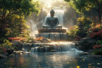 Serene Buddha statue by waterfall, lush garden