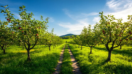 Naklejka premium Tranquil Orchard in Full Bloom with Rows of Fruit-Laden Trees and Rolling Hills in the Background