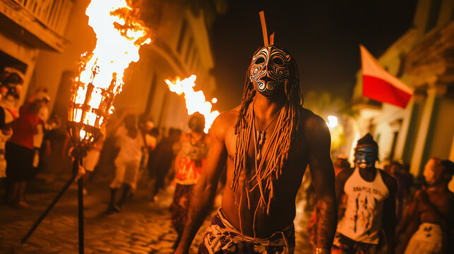 Fiesta del Fuego night parade in the cobbled streets of Santiago de Cuba, participants wearing Afro-Caribbean masks while carrying burning torches, Ai generated images