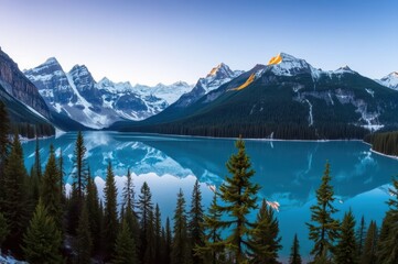 Majestic Mountain Lake Reflection at Sunrise: Serene Winter Wonderland