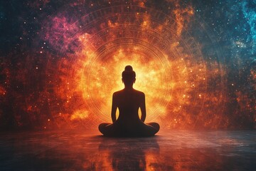 Woman meditating cosmic background, spiritual peace