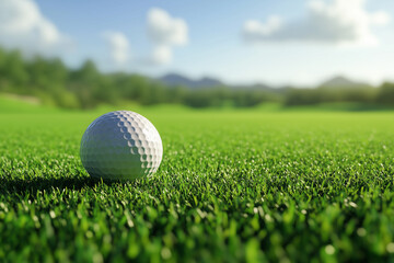 A golf ball resting on a lush green golf course under a bright blue sky day