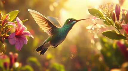 Obraz premium Hummingbird in Flight Near Vibrant Flowers