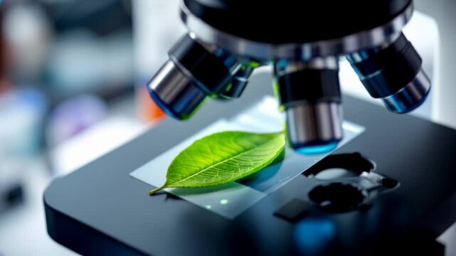 A close up view of a microscope focused on a green leaf