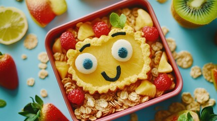 Obraz premium High-angle view of kids healthy lunch box with creative fruit shapes and whole-grain snacks, [child-friendly nutritious food], [parenting lifestyle] 