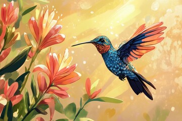 Fototapeta premium Vibrant Hummingbird Hovering Near Orange Flowers