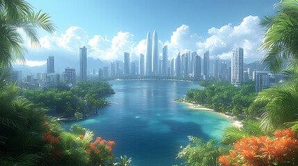 Tropical bay, futuristic city skyline, sunny day, advertising