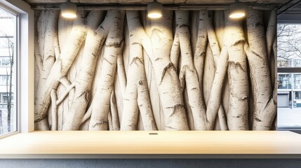 wall with textured finish resembling tree bark, featuring natural and rustic design. warm lighting enhances organic feel of space, creating cozy atmosphere