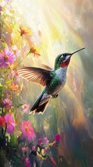 Fototapeta premium Hummingbird in Flight Among Vibrant Garden Flowers
