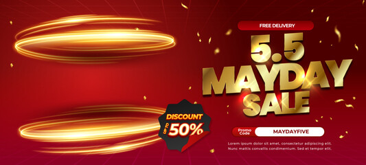 5.5 Shopping May day Sale discount deals Dynamic Red gradient with Spiral Flash light podium showcase abstract Editable Gold text effect Horizontal banner template
