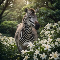 A zebra standing in a field of white gardenias with a forest in the background.