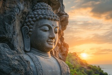Serene Buddha statue sunrise cliffside ocean