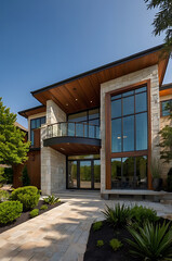 Fototapeta premium Modern Stone and Wood House Exterior: Luxury Home Design and Architecture. Contemporary Residential Building with Stunning Balcony and Landscaped Pathway.