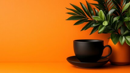 Black Coffee Cup and Tropical Plant on Orange Background