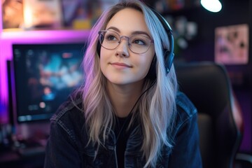Gamer Girl with Headphones Lost in Thought