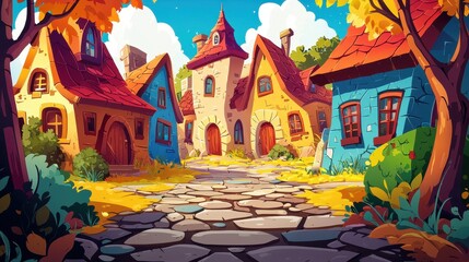 Charming Autumn Village Street Cobblestone Pathway Houses