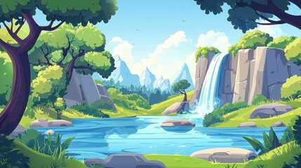 Serene Waterfall Scene Lush Greenery Mountain Backdrop